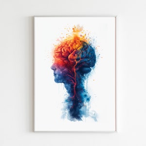 Cerebro humano arte impresión cerebro acuarela ciencia médica arte neurociencia pared decoración psicólogo regalo para neurólogo cartel