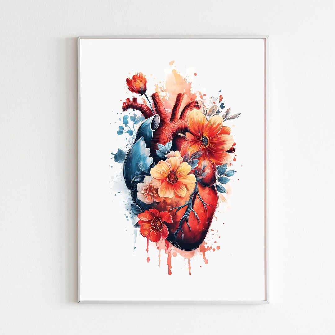 Floral Heart Watercolor Art Print, Flower Anatomy Poster, Cardiologist ...