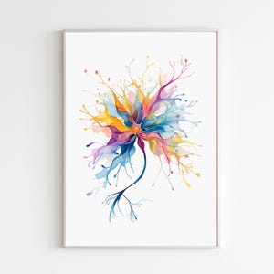 May include: A framed watercolour print displaying an abstract design. The artwork features a central explosion of colour, shifting from yellow to blue and purple, with fine, branching lines extending outwards. The piece is set against a white background.