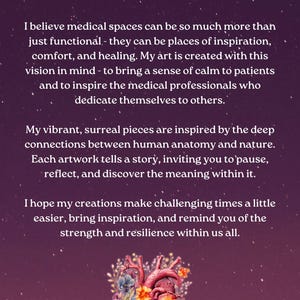 May include: A digital art print with the text "My mission" at the top. The image features a heart-shaped anatomical illustration with floral accents. The background is a gradient of purple and pink with white star-like specks.