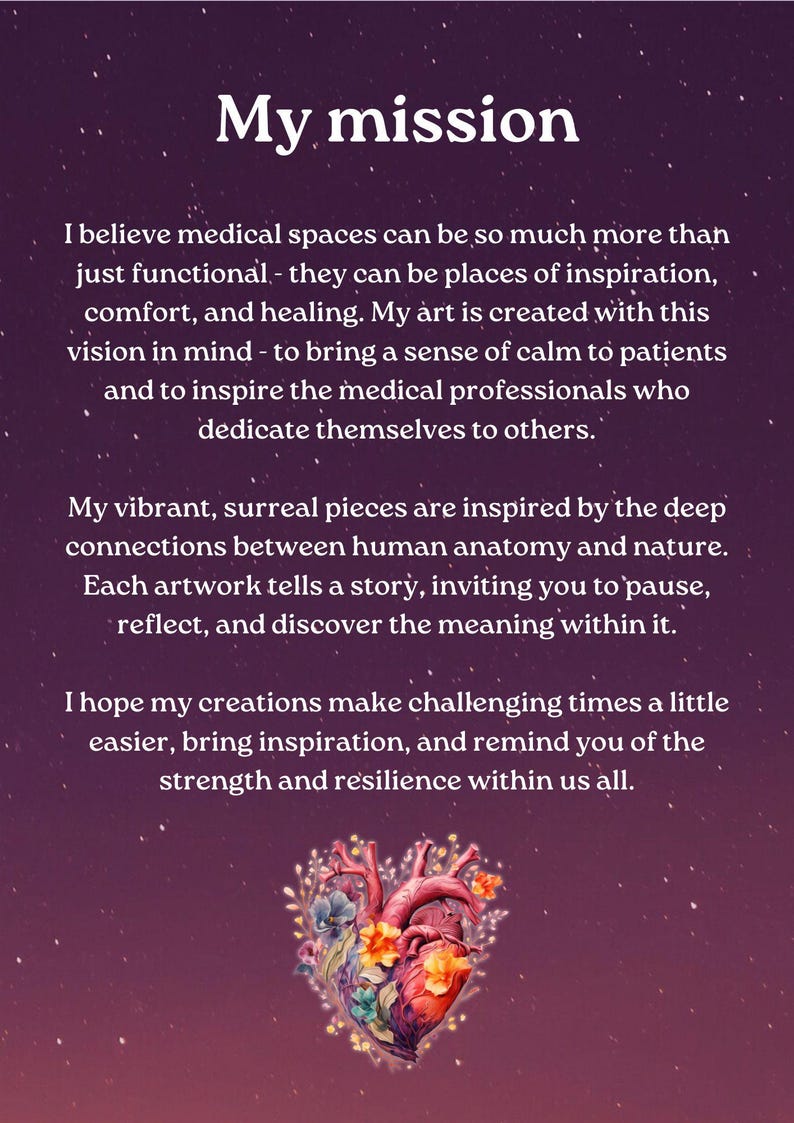 May include: A digital art print with the text "My mission" at the top. The image features a heart-shaped anatomical illustration with floral accents. The background is a gradient of purple and pink with white star-like specks.