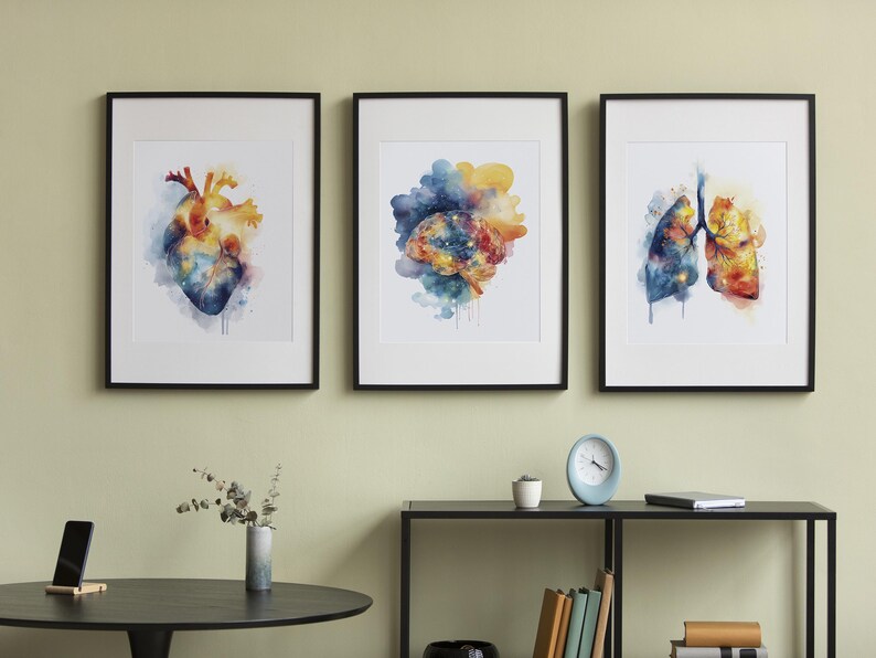 Brain Lungs Heart Poster Watercolor Anatomy Prints Set of 3 Wall Art ...