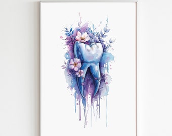 May include: A watercolor painting of a tooth with pink and purple flowers and leaves. The tooth is blue and white and has a shiny finish. The background is a light blue watercolor wash.