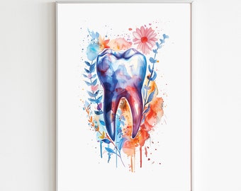 May include: Watercolor print of a tooth with blue, red, and white hues, surrounded by floral elements in orange, pink, and blue. The artwork is framed in a white border, suitable for dental offices or home decor.