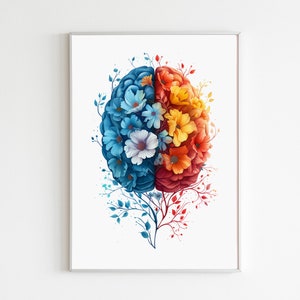Arte del cerebro izquierdo y derecho con impresión de flores, arte de neurología, cartel de anatomía humana floral imprimible Descarga digital