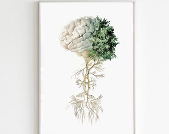 Stampa artistica botanica del nervo vago, poster ad acquerello dell'albero cerebrale, illustrazione del sistema nervoso, decorazione murale neurologica (download digitale)