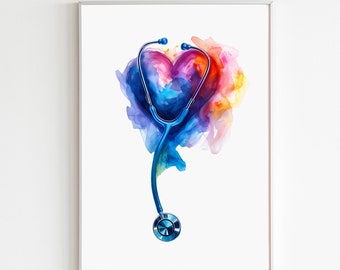 Stethoscoop Art Print, medische kunst, dokterskantoor decor, stethoscoop met hart kunst, cadeau voor geneeskunde student, verpleegkundige wand decor