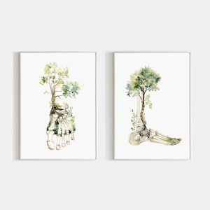 May include: Two framed watercolour prints. Each depicts a human foot skeleton with a tree growing from it. The trees have green and yellow leaves. The artwork is set against a white background.