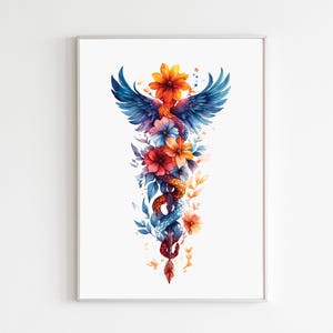 Floral Caduceus Wall Art Printable, Medical Watercolor Print, Rod Of Asclepius Artwork Digital Download, Health Care Clinic Office Decor