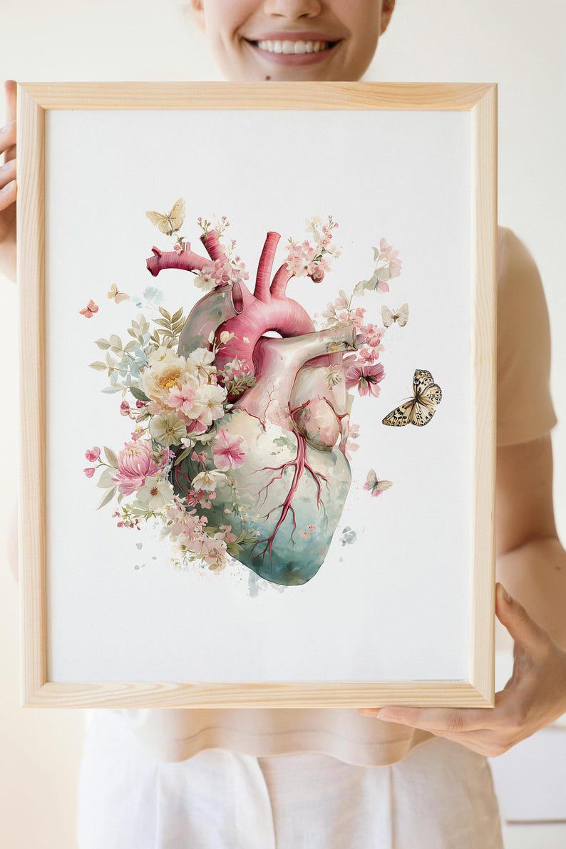 Floral Anatomy Wall Art Prints Set of 3, Watercolor Brain, Heart, Lungs ...