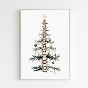 May include: A framed print featuring a unique Christmas tree design. The tree is constructed from a spine, adorned with green and gold ornaments, and topped with a gold star. Green sprigs and white lights add festive detail to this medical-themed artwork.