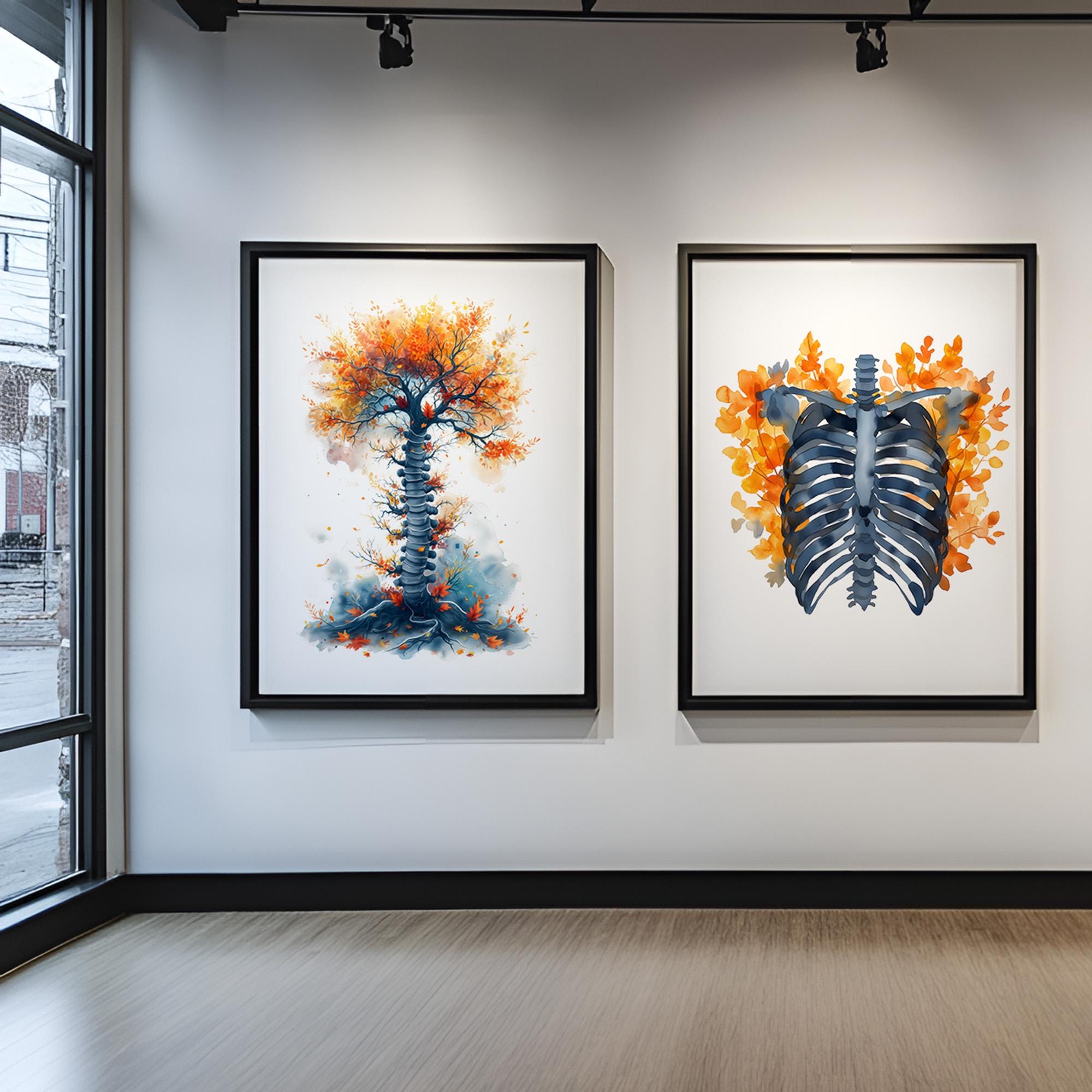 Poster Ribs Ribcage Spine Tree Watercolor Wall Art Print Set of 2, Floral Human ...