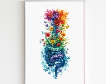 May include: A colourful watercolour illustration of a human digestive system with flowers blooming from the top. The intestines are depicted in shades of blue and green, with a vibrant rainbow of flowers growing from the top.