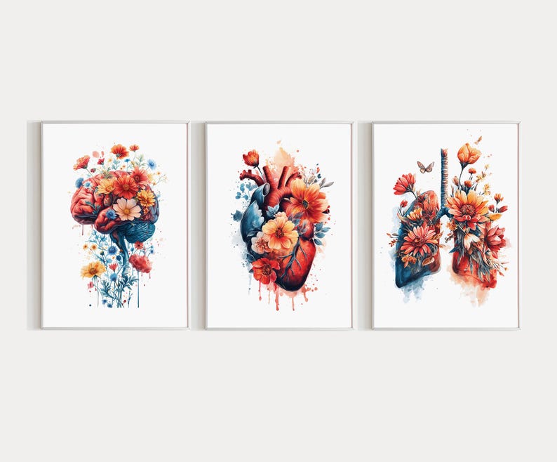 Floral Brain Lungs Heart Poster Watercolor Anatomy Prints Set of 3 Wall ...