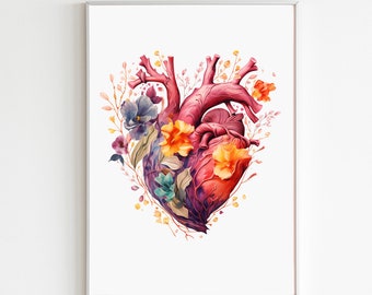 Heart Watercolor Art Print Anatomical Heart Art With Flowers - Etsy
