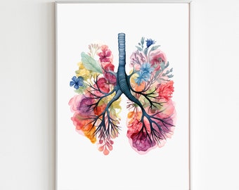 Floral Lungs Watercolor Art Print, Anatomical Lungs Flower Print, Pulmonologist Medical Wall Decor