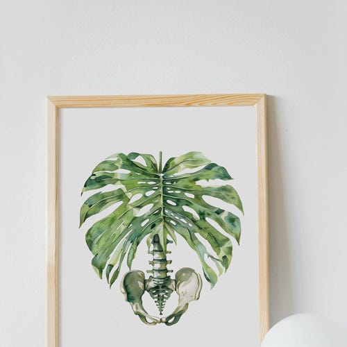 Aquarell-Poster zur Beckenbodenanatomie, Kunstdruck für Physiotherapie, Illustration eines Monstera-Blattskeletts, abstraktes Gemälde des Brustkorbs