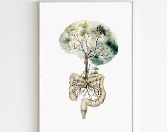 Lámina artística sobre la conexión intestino-cerebro, arte mural del sistema digestivo, neurogastroenterología, decoración de salud holística, póster para clínica de medicina funcional.