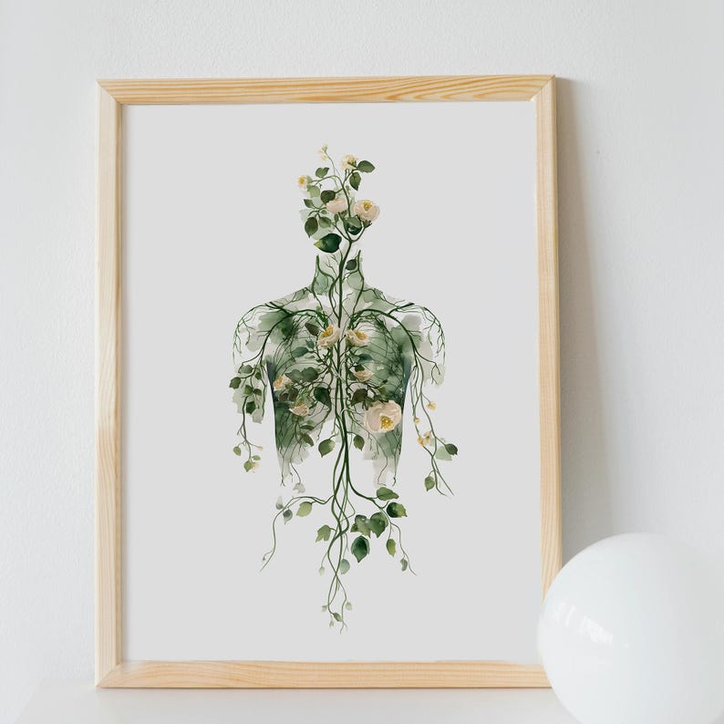 May include: A framed art print featuring a watercolor illustration of a human torso overlaid with a network of green vines, leaves, and cream-colored flowers. The artwork is set against a white background, with a light wooden frame.
