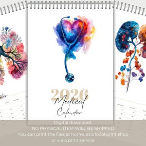Puede incluir: Un calendario médico para 2026 con ilustraciones en acuarela de pulmones, un estetoscopio en forma de corazón y riñones. El calendario tiene encuadernación en espiral e incluye el mes de octubre. Las palabras "Medical Calendar" están escritas en elegante escritura.