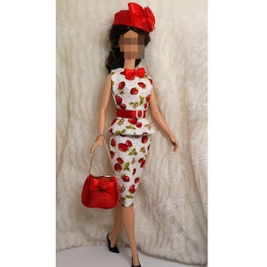 Outfit Dress Bag Hat Fits Barbie Silkstone Doll Handmade Strawberry Rose Red Silk