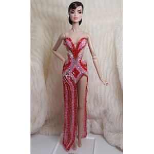 Ooak Evening Gown Dress Outfit Fits Silkstone Barbie FR Handmade Red Pink Silver