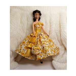 Handmade Yellow Gold Flower Outfit Dress Bag Fits Silkstone Repro FR Doll
