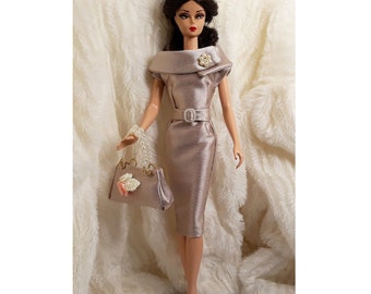 Outfit Dress Bag Fits Barbie Silkstone Vintage FR Doll Handmade Gray Silver Silk