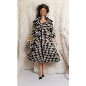 Outfit Dress Coat Bag Fits Barbie Silkstone Doll Handmade White Silk Houndstooth
