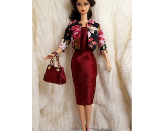 Outfit Dress Coat Bag Fits Silkstone Doll Barbie Handmade Flower Wine Red Silk