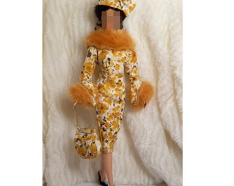 Outfit Dress Bag Hat Fits Silkstone Doll Handmade Yellow Flower Fur