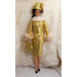 Outfit Dress Bag Hat Fits Silkstone Doll Handmade Yellow White Fur