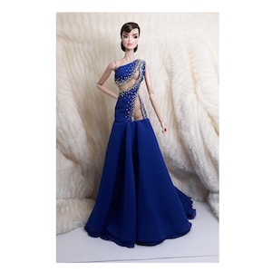 Abendkleid Kleid Outfit passend Silkstone Barbie FR Fashion Royalty Poppy Parker Puppe Handgefertigt Blau Silber