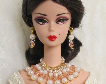Boucles d'oreilles collier bijoux pour poupée Barbie en pierre de soie FR fait main poupée en perles de cristal rose clair accessoires de mariage