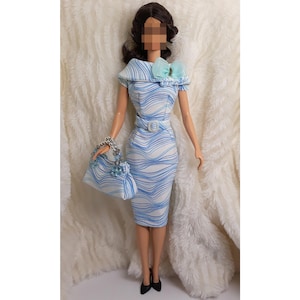 Outfit Dress Bag Fits Barbie Silkstone Vintage FR Doll Handmade Blue Line White