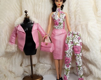 Outfit Dress Coat Bag Hat Fits Barbie Silkstone Doll Repro Handmade Flower Pink Silk Fur