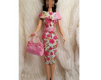 Outfit Dress Bag Fits Silkstone Repro FR Doll Handmade Pink Rose Silk