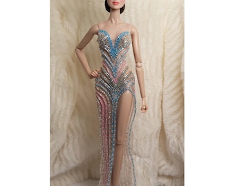 Vestido de noche con cuentas hecho a mano para muñecas Barbie, FR y Poppy Parker de Silkstone