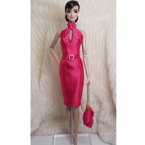 Outfit Dress Bag Fits Barbie Silkstone Doll FR Handmade Shocking Pink Silk