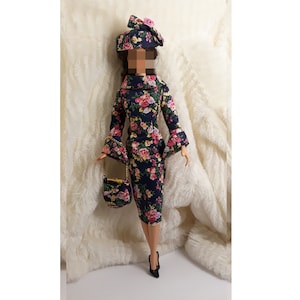 Outfit Dress Bag Hat Fits Silkstone Doll FR Handmade Pink Flower Black