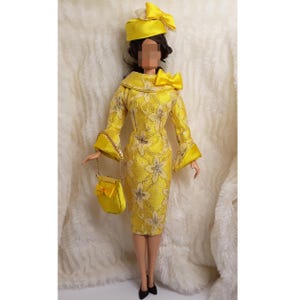 Outfit Dress Bag Hat Fits Barbie Silkstone Doll Handmade Flower Lace Yellow Silk