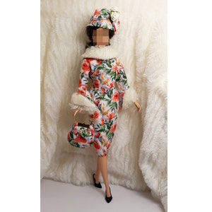 Outfit Dress Bag Hat Fits Silkstone Doll Handmade Flower Rose Fur
