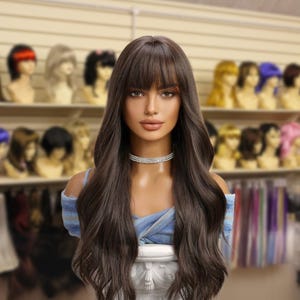 26 Inch Brown Long Curly Synthetic Wig with Bangs, Wavy Wig for Women, Daily Wig, Party Wig, Heat Resistant Wig