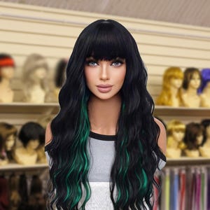 Long Black and Green Curly Wavy Wig for Women, Heat-Resistant Synthetic Wig with Bangs, Perfect for Daily Wear, Parties, and Cosplay