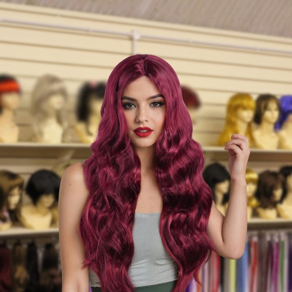 Water Wave Burgundy Wig, 28-inch Long Curly Hair Without  display picture 1