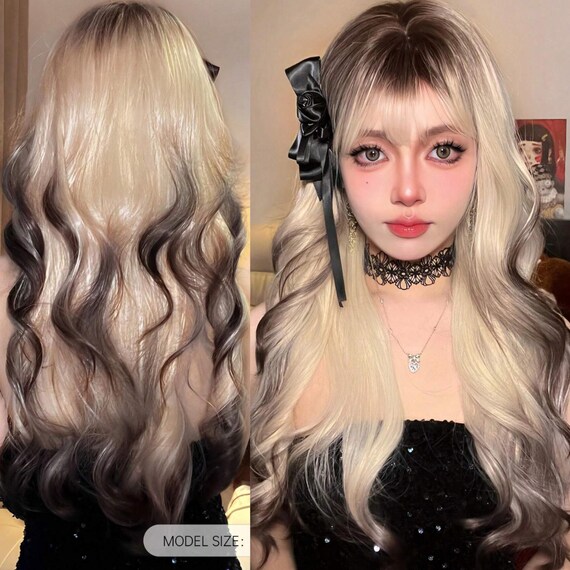 Blonde wavy heat resistant wigs Amazon.com : Kalyss Blonde Wig With Bangs Long Blonde Curly  main image 3