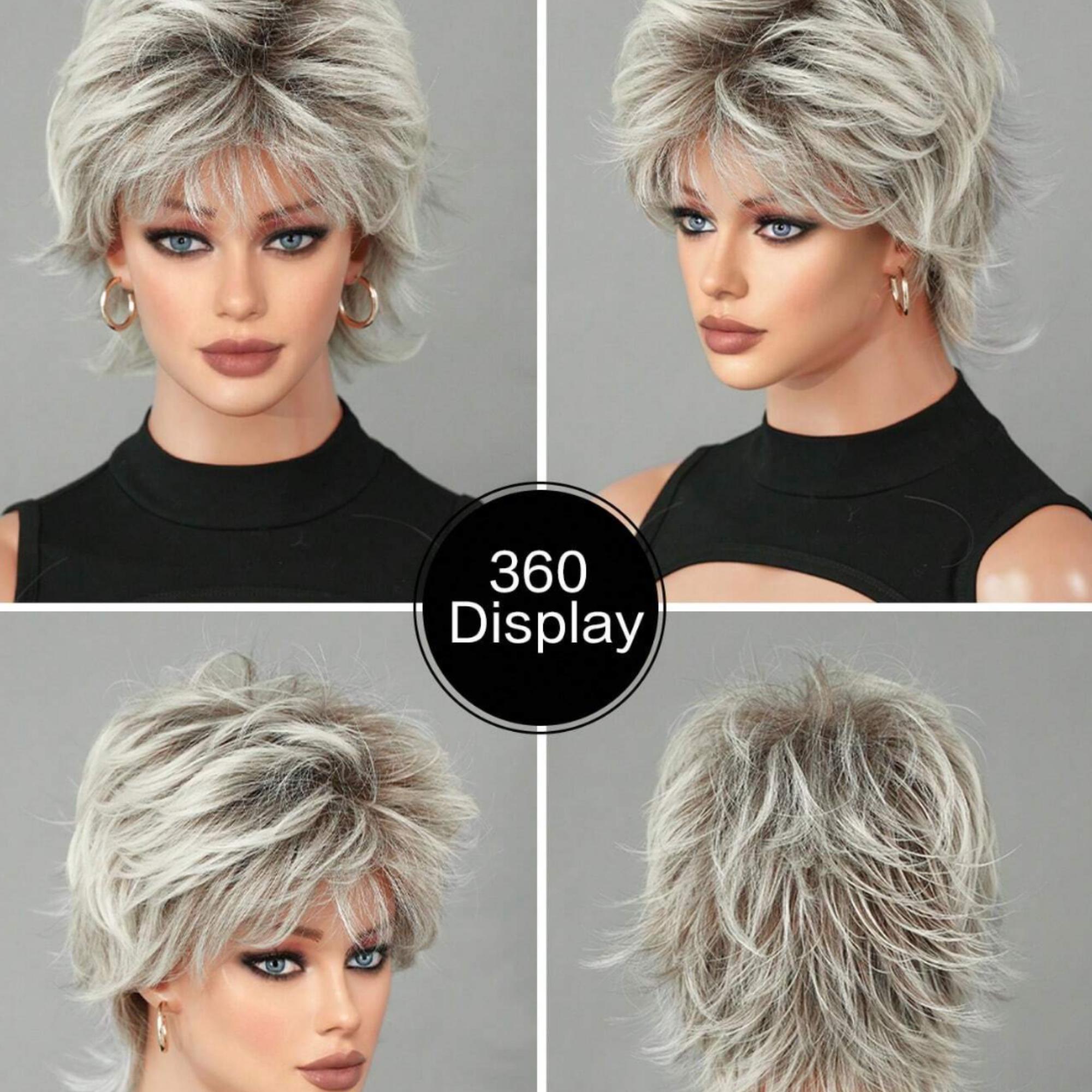 Perruque Courte Femme Blonde Platine Doré - Cheveux Humains, Frange, Longueur 20 Cm
