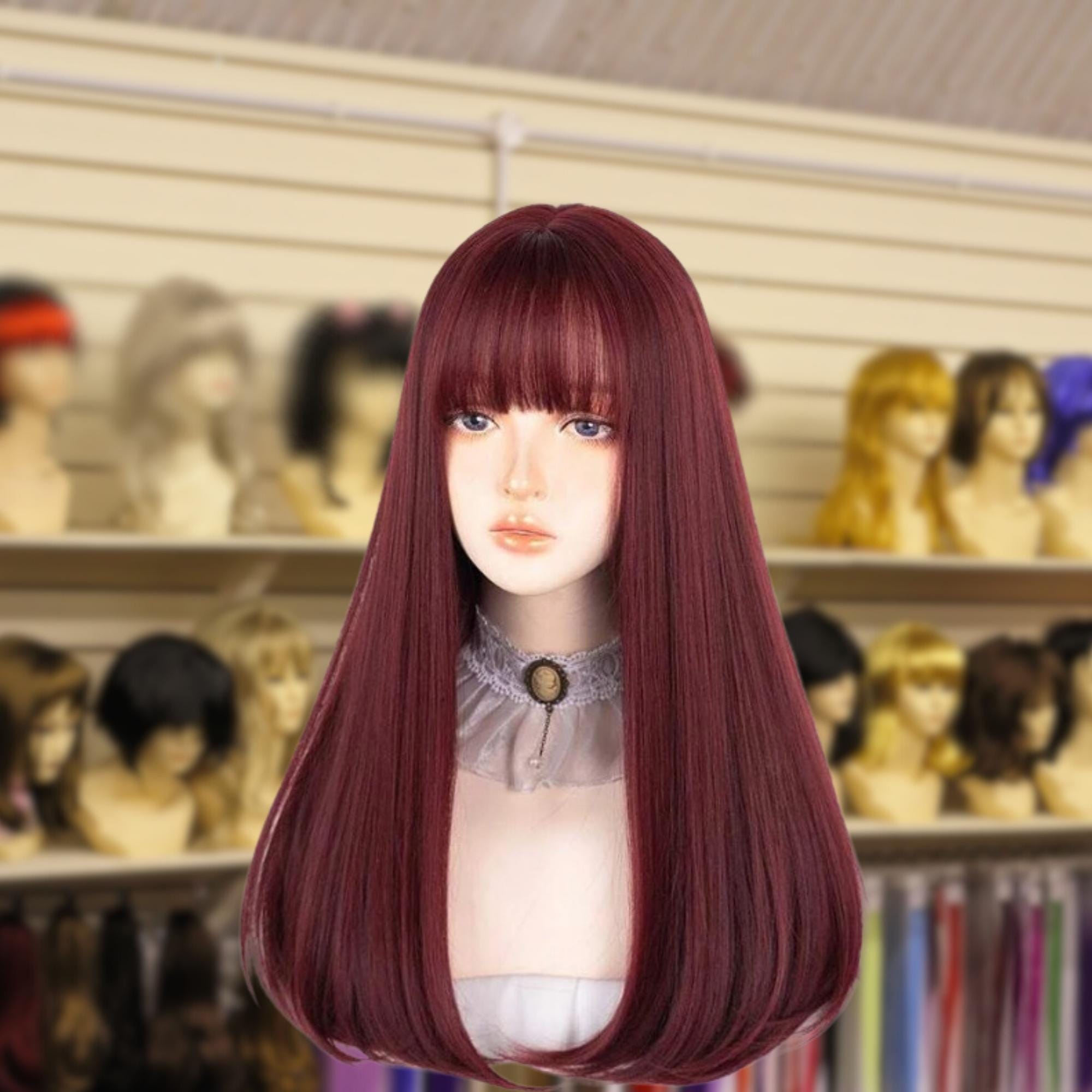 26 Inch Long Straight Rose Red Synthetic Wig, Heat-resistant 