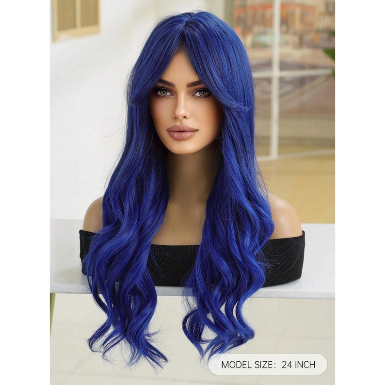 Highlight Wigs With Bangs Long Wavy Wig for Women Ombre Blue Wigs With