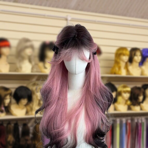 Long Natural Wavy Pink Black Wigs With Bangs Synthetic Heat  display picture 3